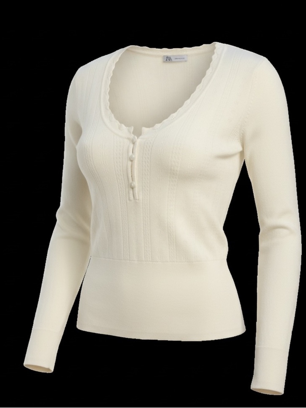 Zara Cream Ribbed Scoop-Neck Long Sleeve Top with Button Detail